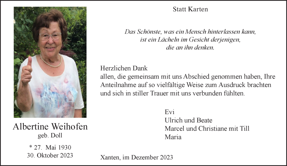  Traueranzeige für Albertine Weihofen vom 30.12.2023 aus NNA