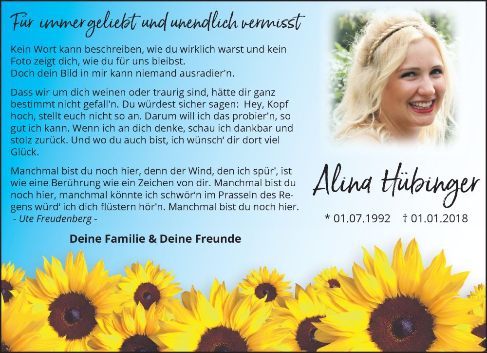  Traueranzeige für Alina Hübinger vom 30.12.2023 aus NNA