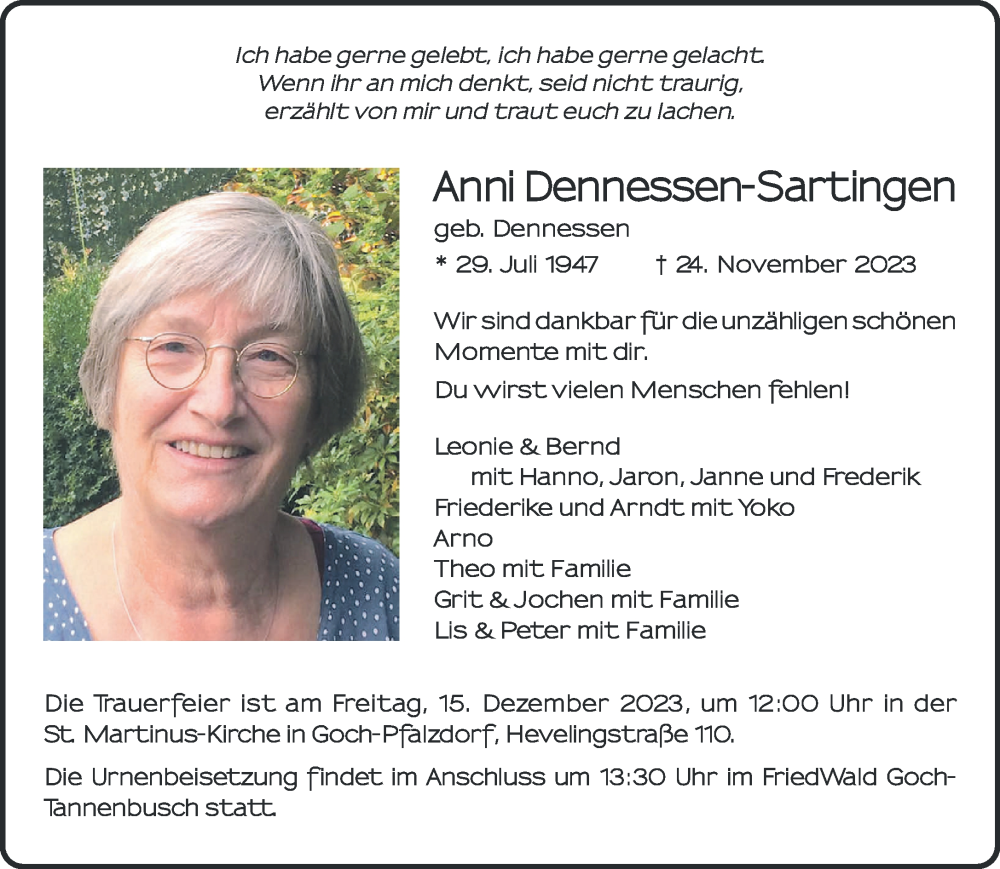  Traueranzeige für Anni Dennessen-Sartingen vom 09.12.2023 aus NNA