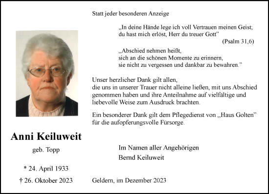 Traueranzeige von Anni Keiluweit von NNA