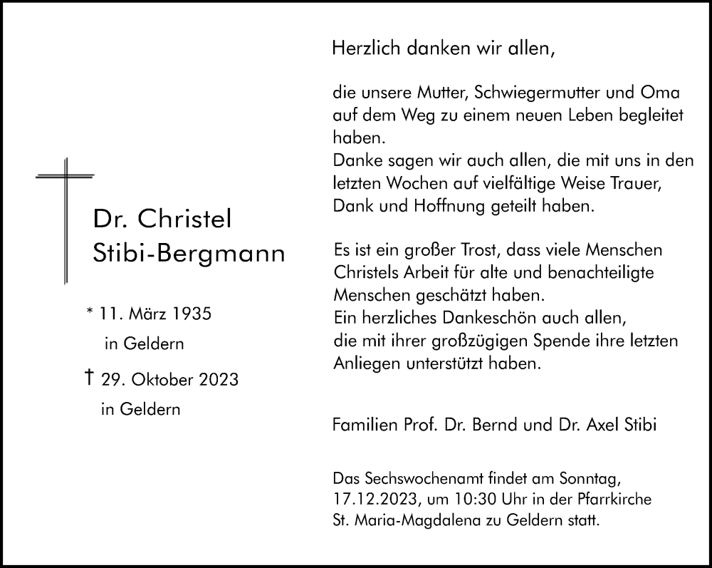  Traueranzeige für Christel Stibi-Bergmann vom 13.12.2023 aus NNA