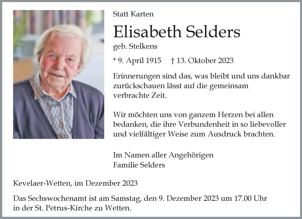  Traueranzeige für Elisabeth Selders vom 02.12.2023 aus NNA