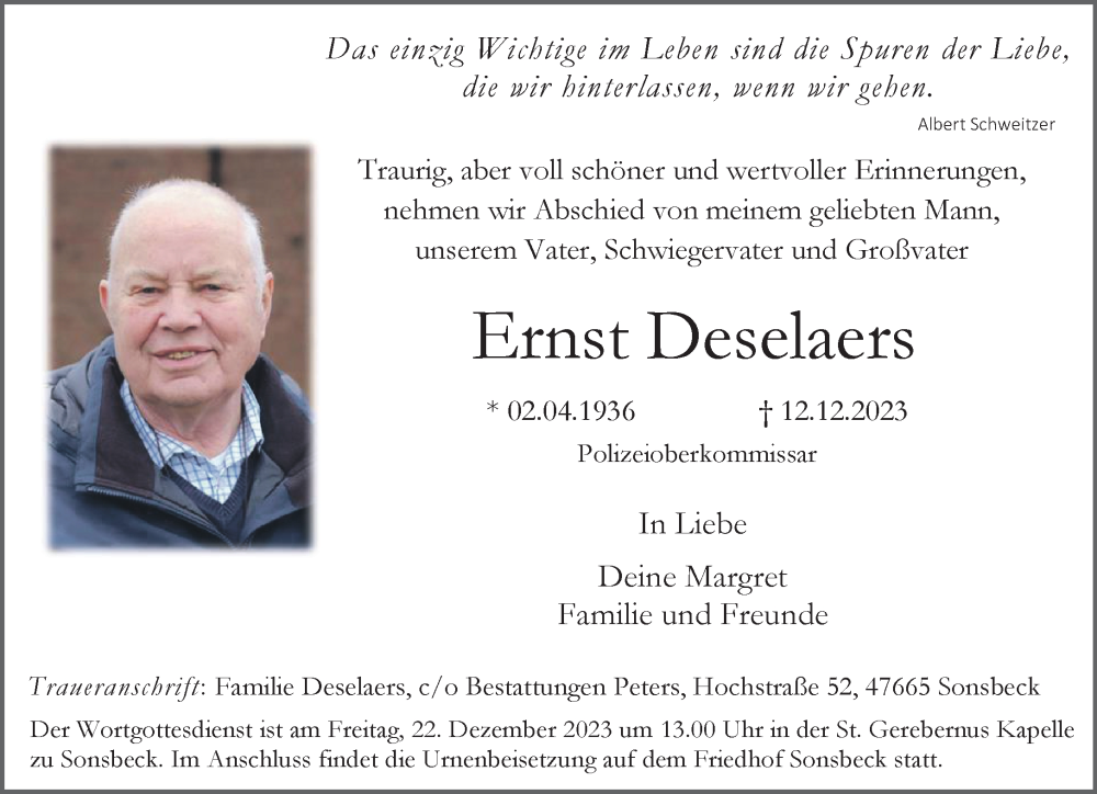  Traueranzeige für Ernst Deselaers vom 16.12.2023 aus NNA