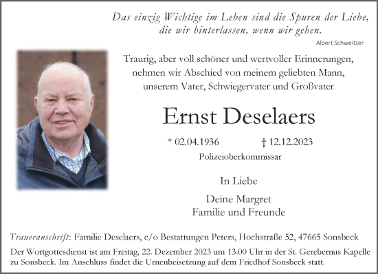 Traueranzeige von Ernst Deselaers von NNA