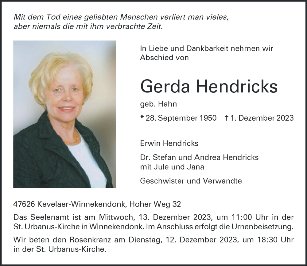  Traueranzeige für Gerda Hendricks vom 09.12.2023 aus NNA