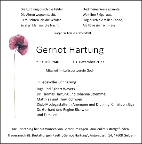 Traueranzeige von Gernot Hartung von NNA