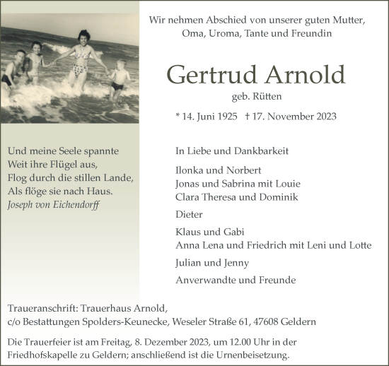 Traueranzeige von Gertrud Arnold von NNA