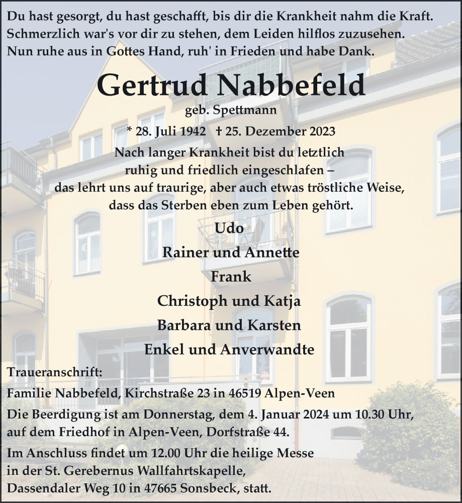  Traueranzeige für Gertrud Nabbefeld vom 30.12.2023 aus NNA