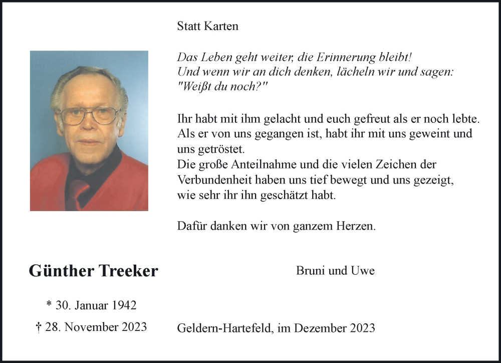  Traueranzeige für Günther Treeker vom 16.12.2023 aus NNA