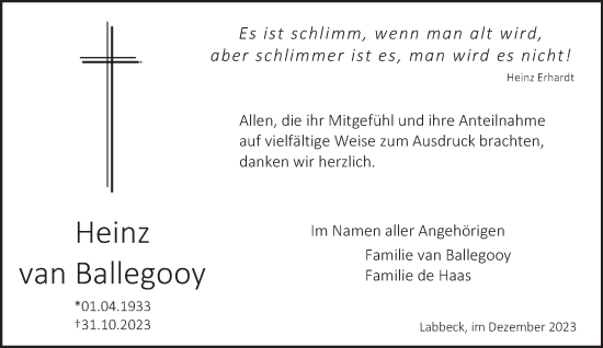 Traueranzeige von Heinz van Ballegooy von NNA
