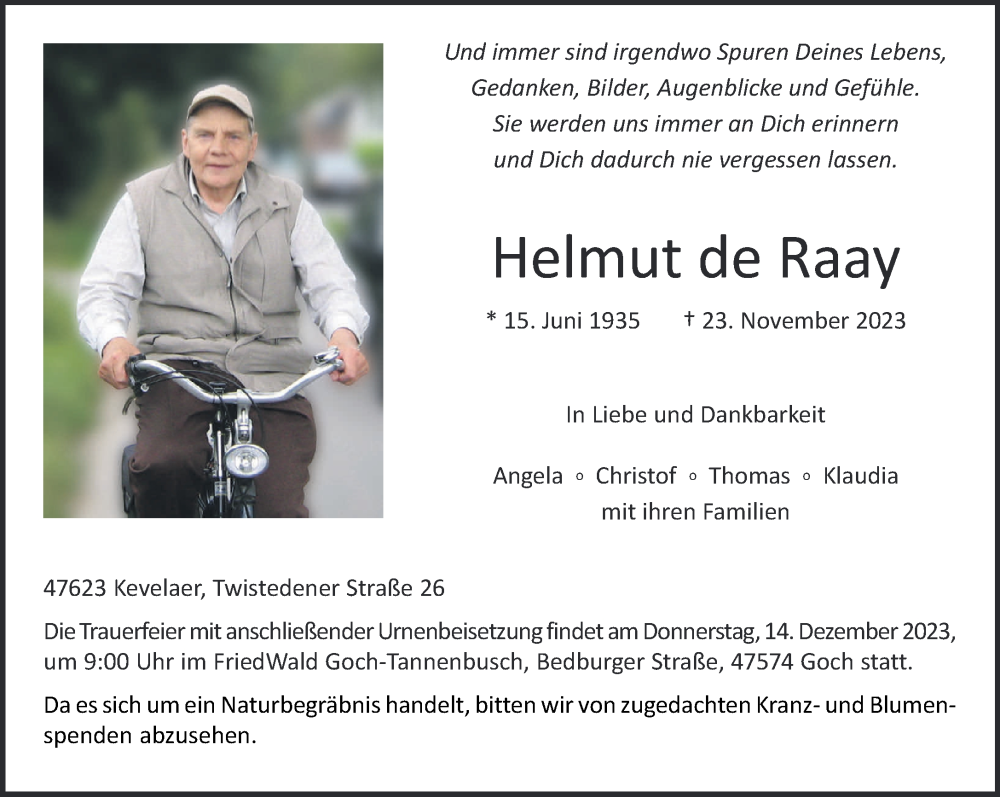  Traueranzeige für Helmut de Raay vom 09.12.2023 aus NNA