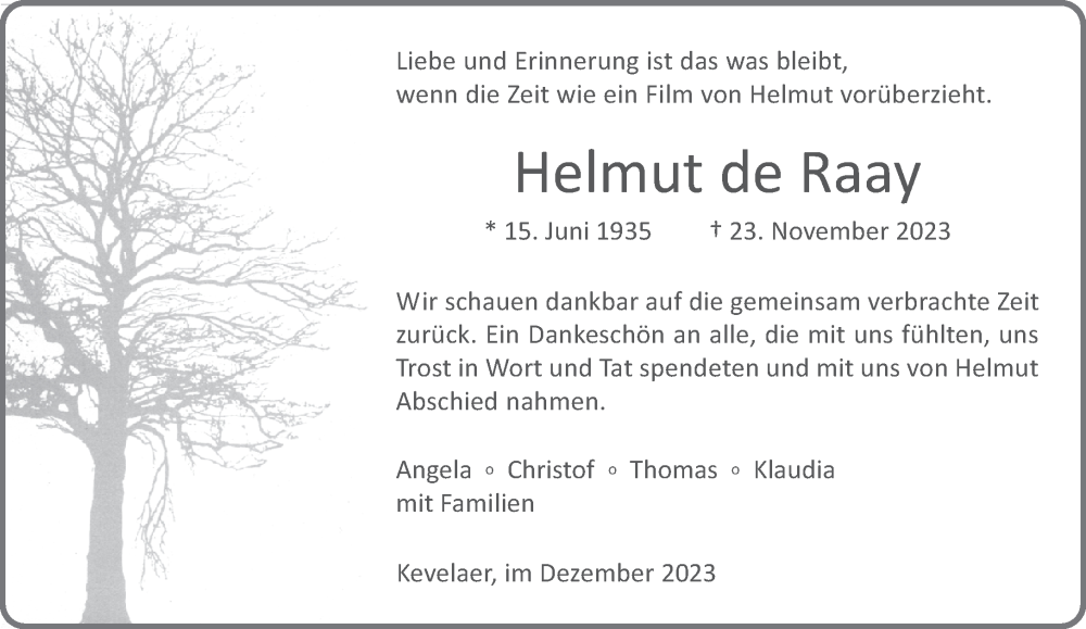  Traueranzeige für Helmut de Raay vom 30.12.2023 aus NNA