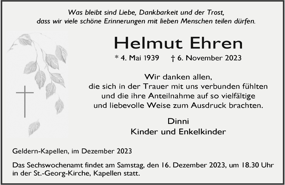  Traueranzeige für Helmut Ehren vom 09.12.2023 aus NNA