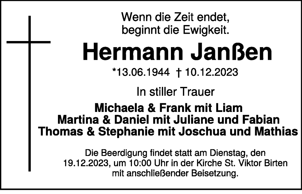  Traueranzeige für Hermann Janßen vom 16.12.2023 aus NNA