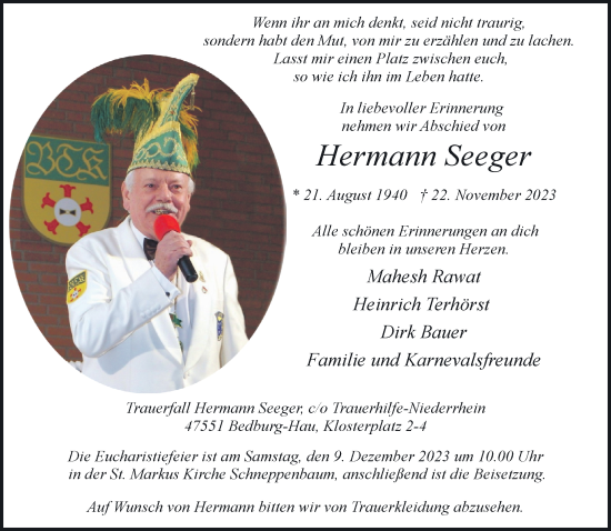 Traueranzeige von Hermann Seeger von NNA
