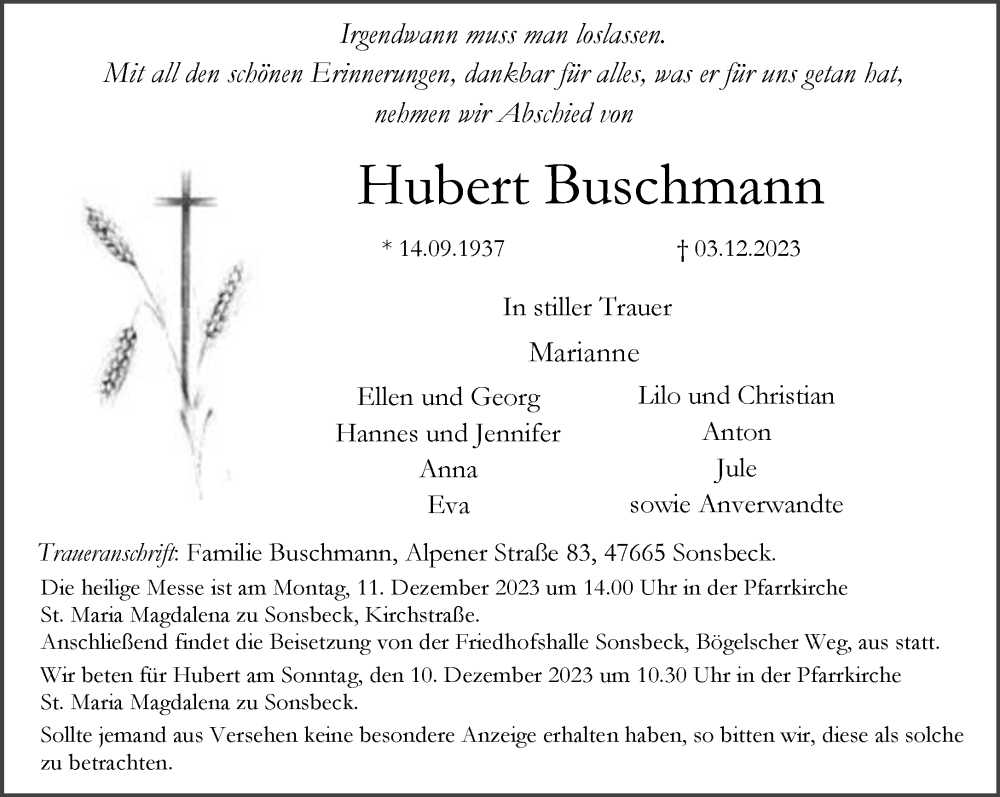  Traueranzeige für Hubert Buschmann vom 09.12.2023 aus NNA