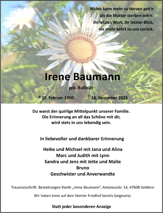 Traueranzeige von Irene Baumann von NNA