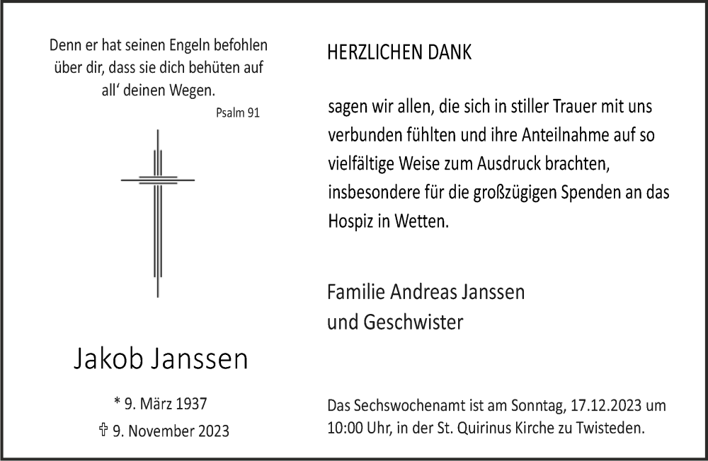 Traueranzeige für Jakob Janssen vom 13.12.2023 aus NNA