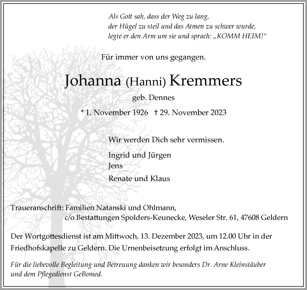  Traueranzeige für Johanna Kremmers vom 09.12.2023 aus NNA