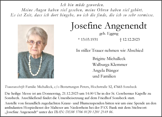 Traueranzeige von Josefine Angenendt von NNA