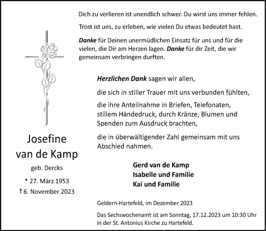 Traueranzeige von Josefine van de Kamp von NNA
