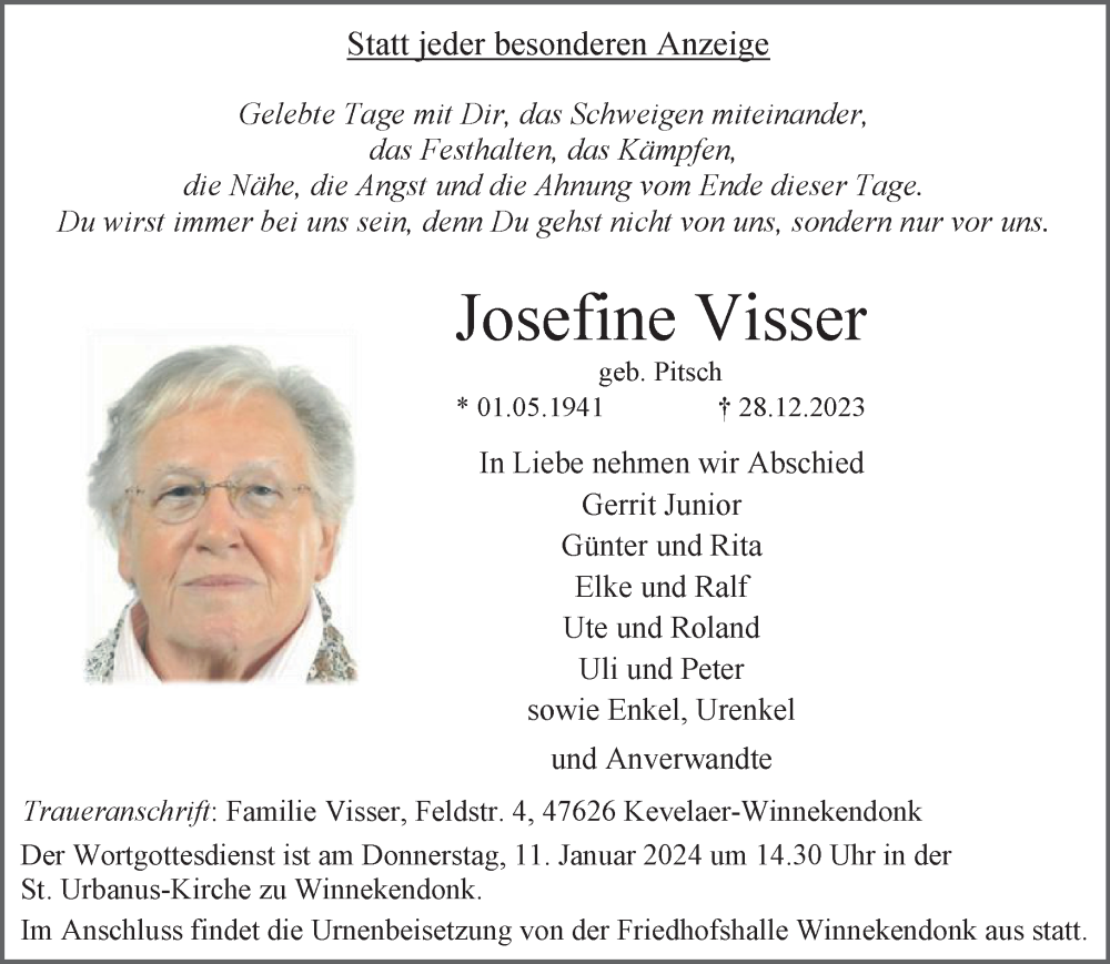  Traueranzeige für Josefine Visser vom 30.12.2023 aus NNA