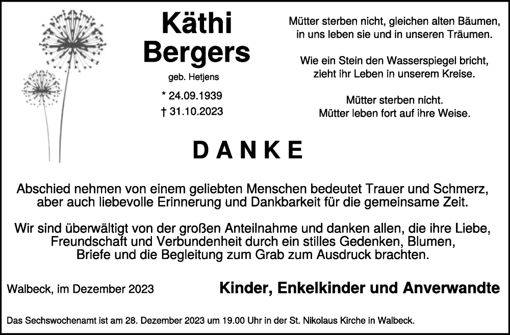  Traueranzeige für Käthi Bergers vom 16.12.2023 aus NNA