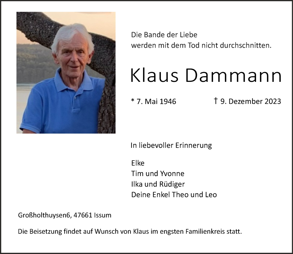  Traueranzeige für Klaus Dammann vom 16.12.2023 aus NNA