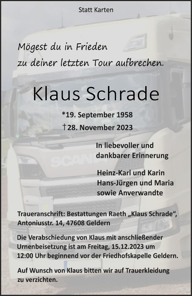  Traueranzeige für Klaus Schrade vom 09.12.2023 aus NNA