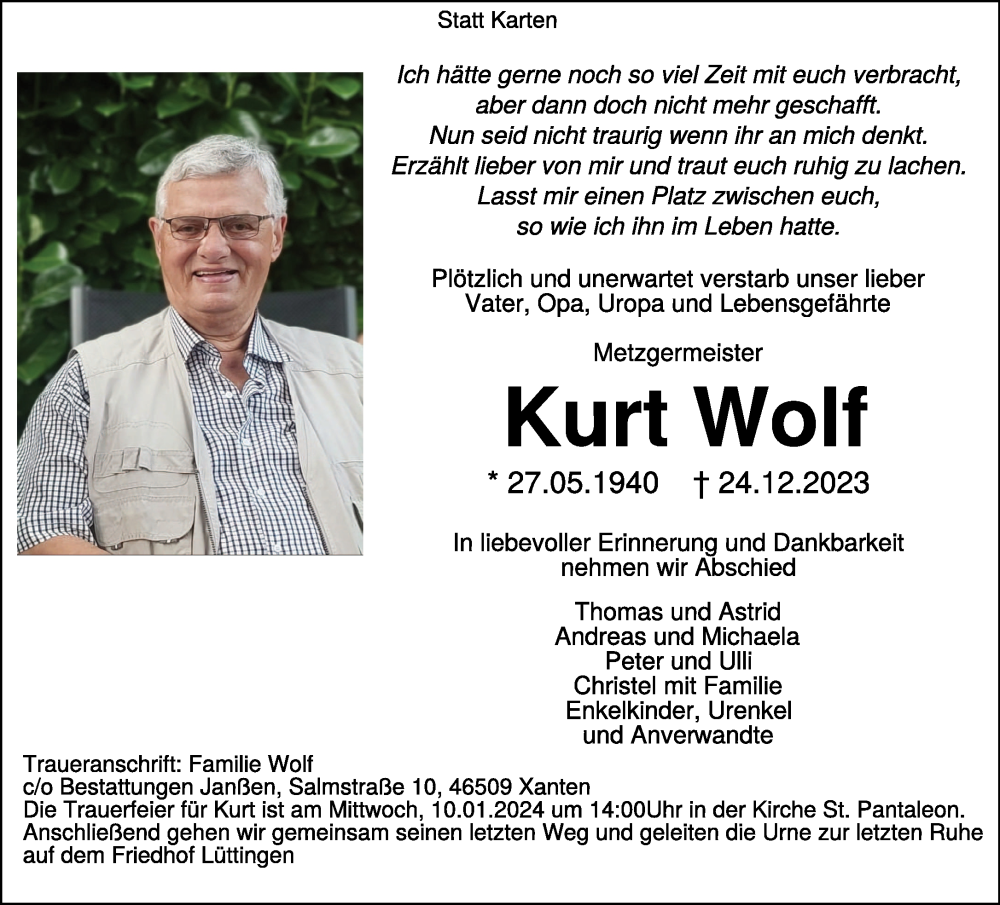  Traueranzeige für Kurt Wolf vom 30.12.2023 aus NNA