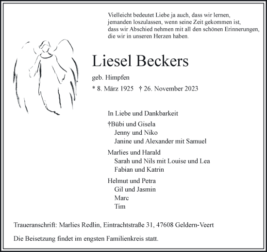 Traueranzeige von Liesel Beckers von NNA