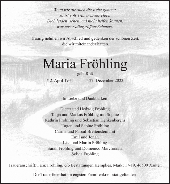 Traueranzeige von Mana Fröhling von NNA