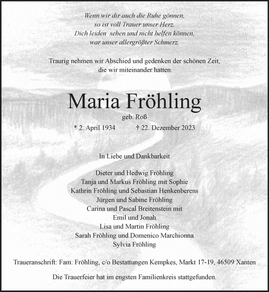  Traueranzeige für Mana Fröhling vom 30.12.2023 aus NNA