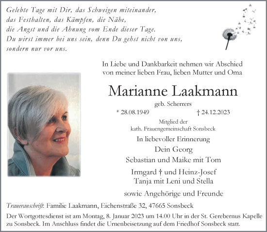 Traueranzeige von Marianne Laakmann von NNA
