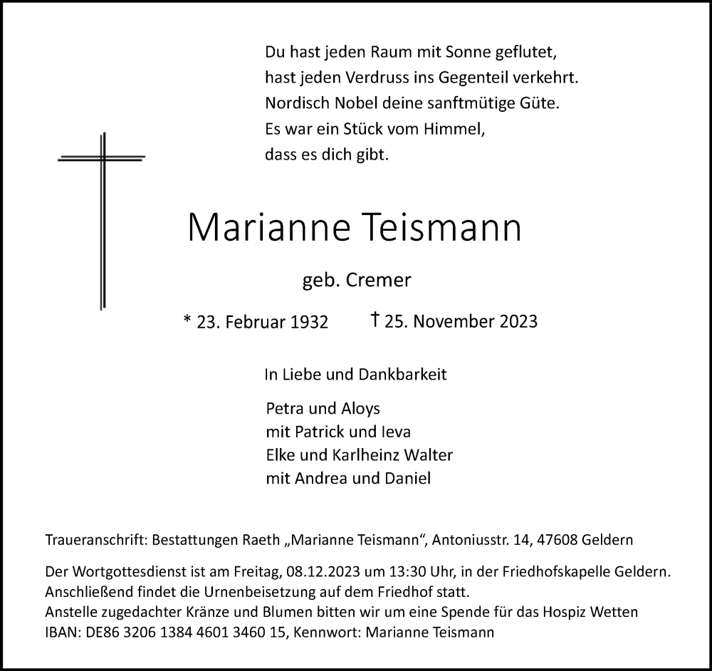  Traueranzeige für Marianne Teismann vom 02.12.2023 aus NNA