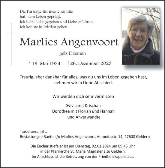 Traueranzeige von Marlies Angenvoort von NNA