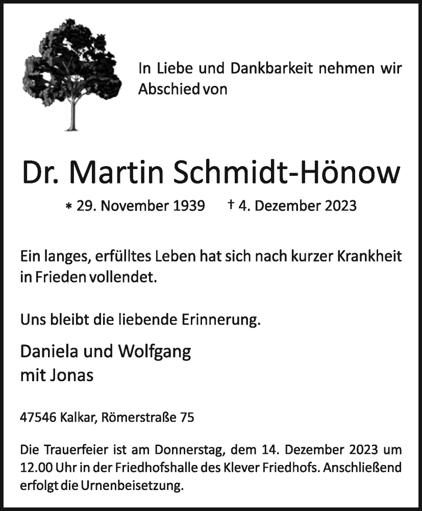  Traueranzeige für Martin Schmidt-Hönow vom 09.12.2023 aus NNA