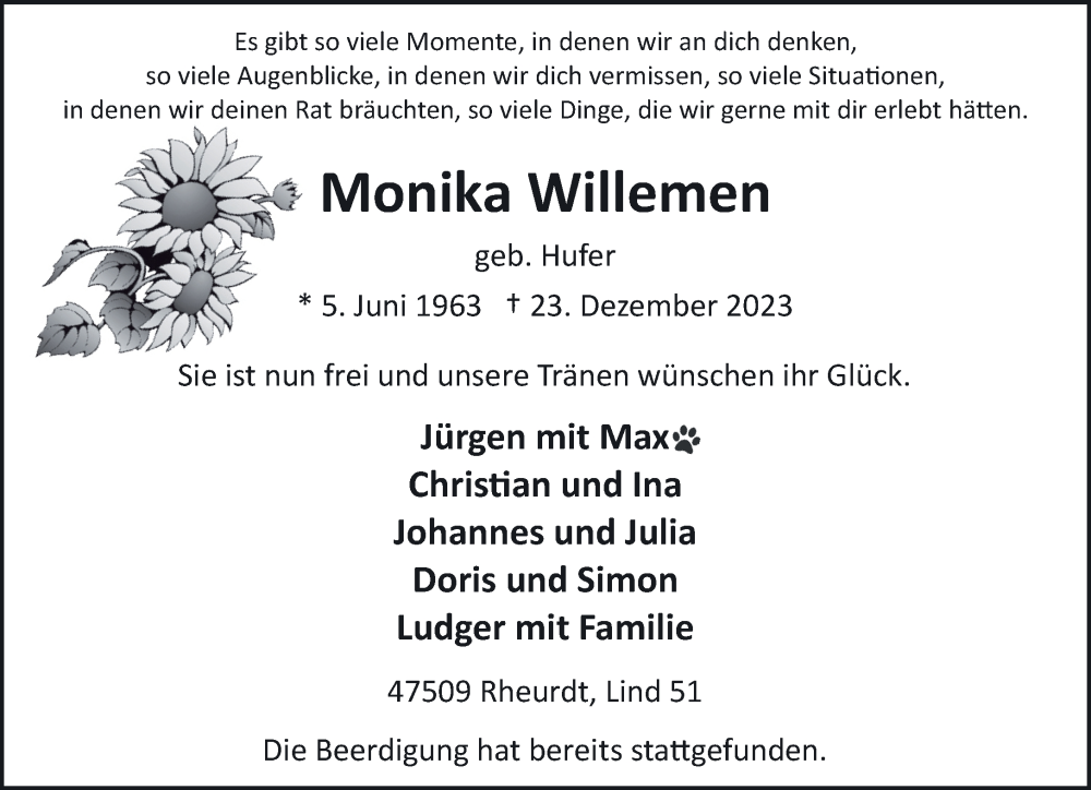  Traueranzeige für Monika Willemen vom 30.12.2023 aus NNA