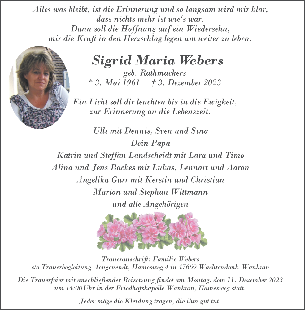  Traueranzeige für Sigrid Maria Webers vom 09.12.2023 aus NNA