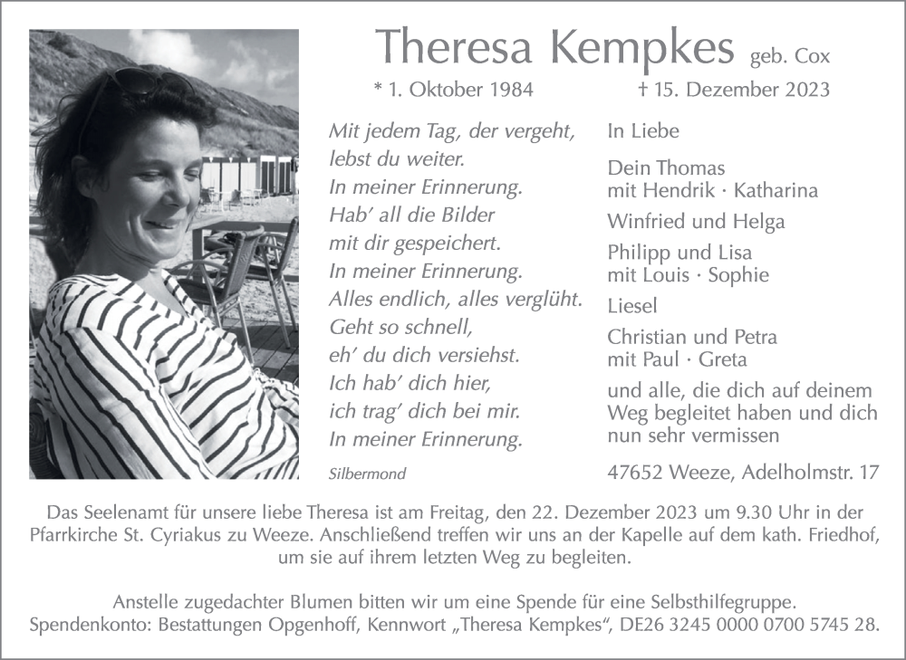  Traueranzeige für Theresa Kempkes vom 20.12.2023 aus NNA
