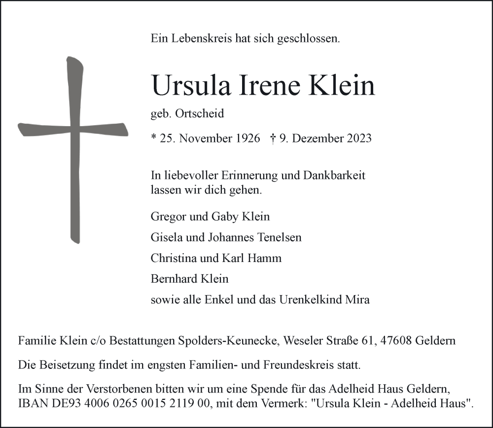  Traueranzeige für Ursula  Klein vom 16.12.2023 aus NNA