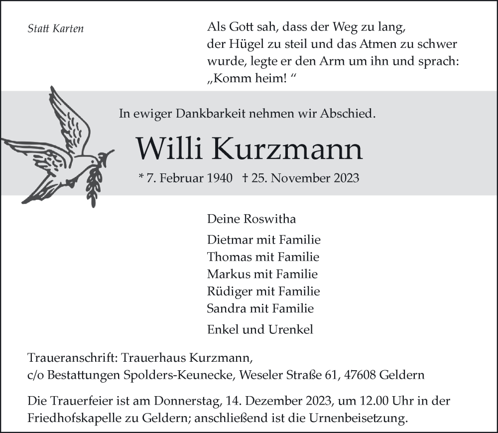  Traueranzeige für Willi Kurzmann vom 09.12.2023 aus NNA