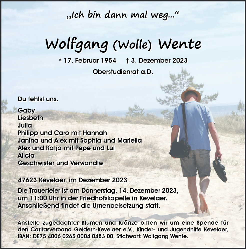  Traueranzeige für Wolfgang Wente vom 09.12.2023 aus NNA