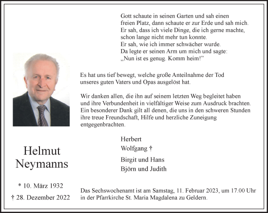 Traueranzeige von Helmut Neymanns 