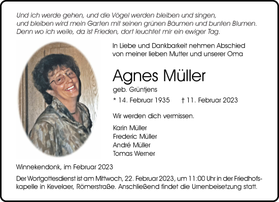 Traueranzeige von Agnes Müller 