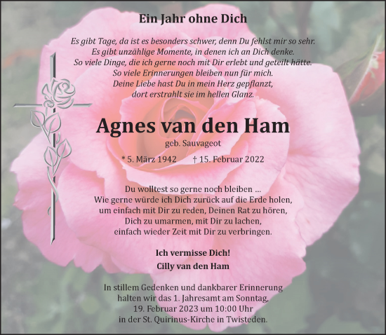Traueranzeige von Agnes van den Ham 
