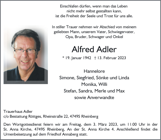 Traueranzeige von Alfred Adler 