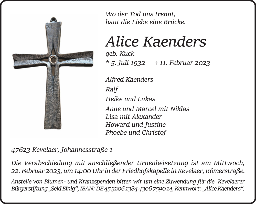  Traueranzeige für Alice Kaenders vom 18.02.2023 aus 