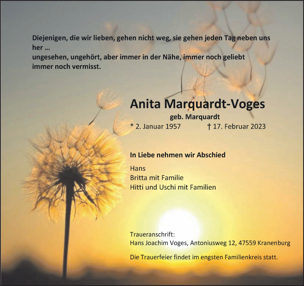  Traueranzeige für Anita Marquardt-Voges vom 25.02.2023 aus 