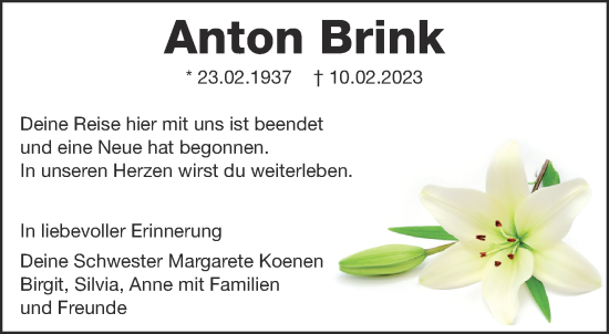 Traueranzeige von Anton Brink 